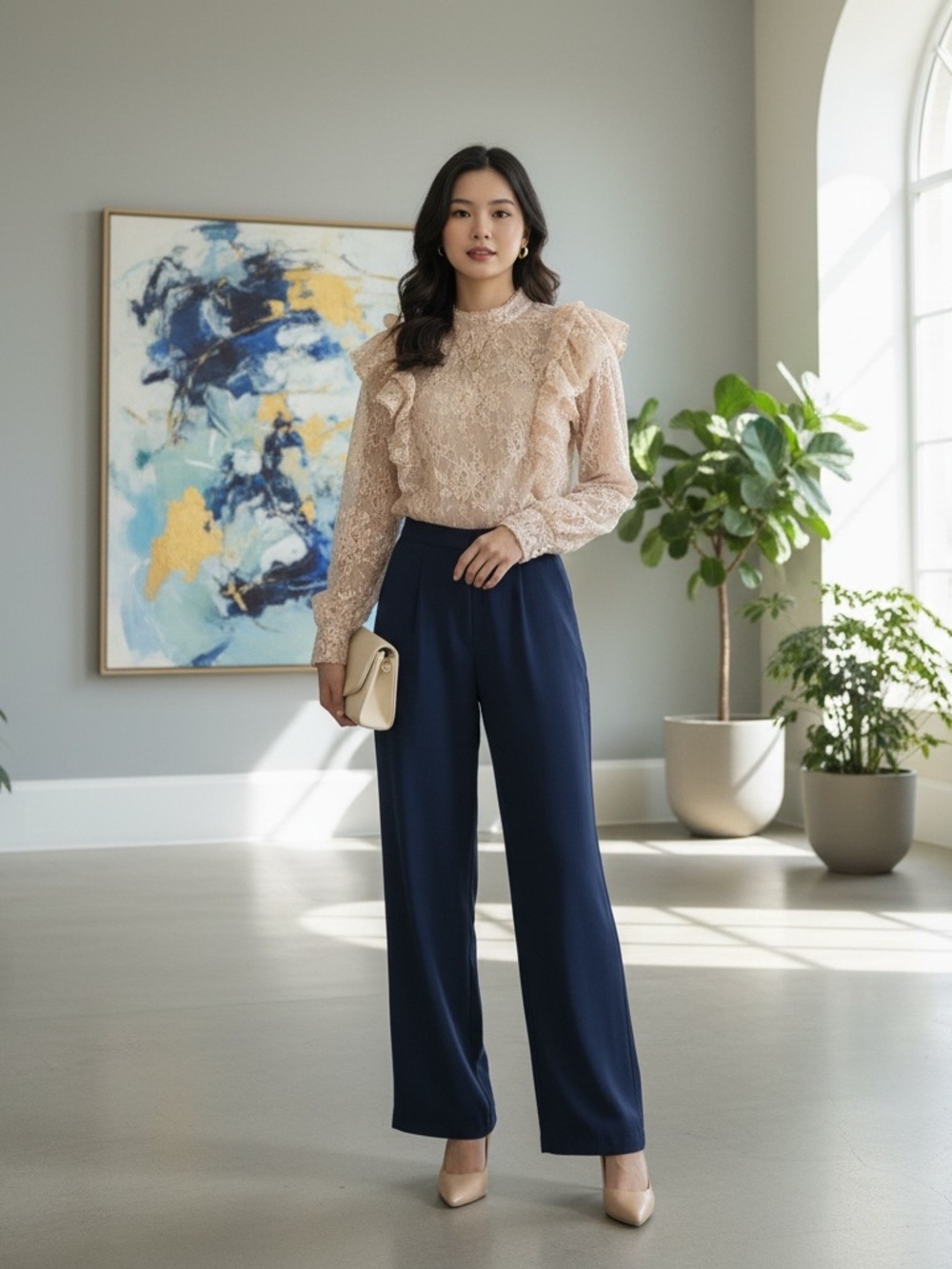Express Lace Ruffle Blouse in Blush